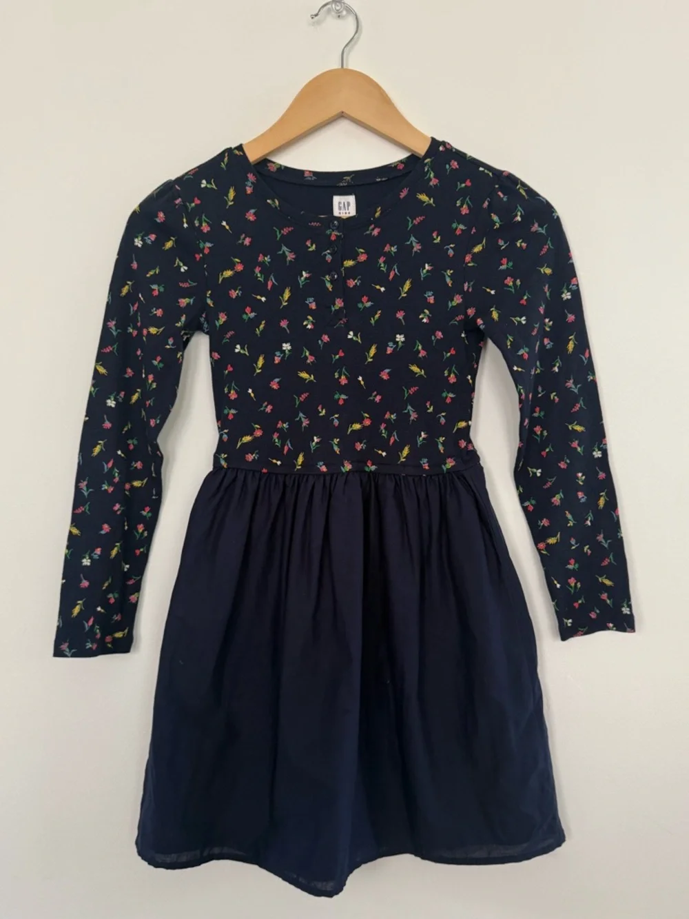 GAP Kids Navy Floral Long Sleeve Fit & Flare Dress Henley School Uniform Size L